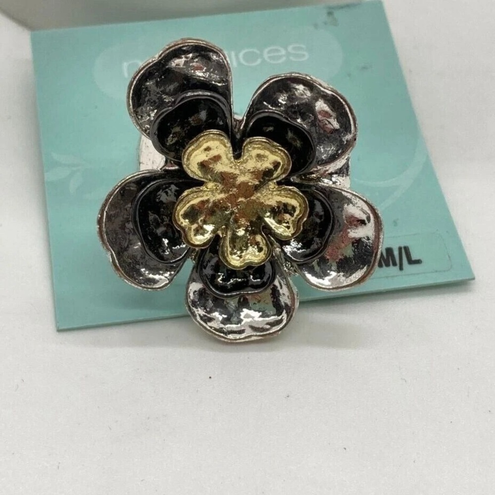 Maurices Silver‎ Black Gold Tone Stretch Flower Ring M/L Fashion Jewelry